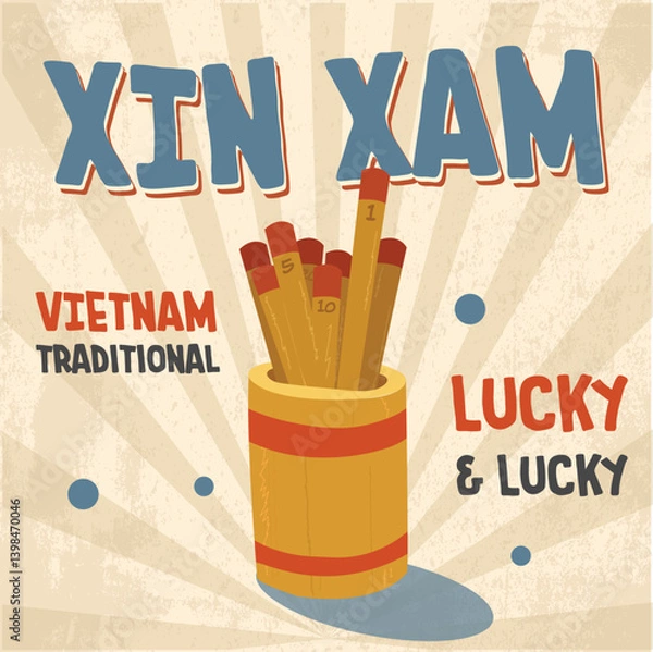 Obraz A vintage vector illustration of 'Xin Xam' fortune sticks, a traditional Vietnamese ritual for predicting luck, commonly seen in temples and during the Lunar New Year.