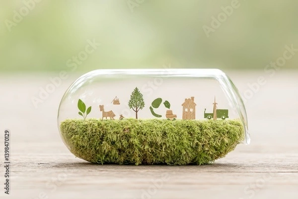 Fototapeta Sustainable Ecosystem Displayed in Glass Terrarium with Moss and Environmental Icons