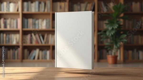 Fototapeta Blank book standing on a wooden surface in a library filled with colorful books in the background