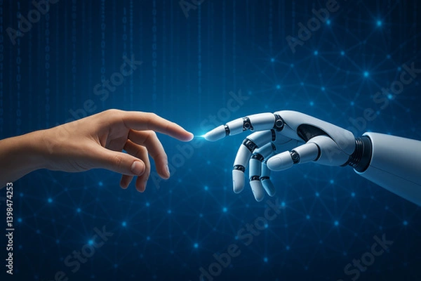 Fototapeta "Human and Robot Hand Touch: Symbol of Connection and Technology"

