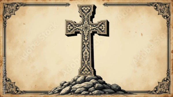 Fototapeta Cross on stone grave marker with ornate border.