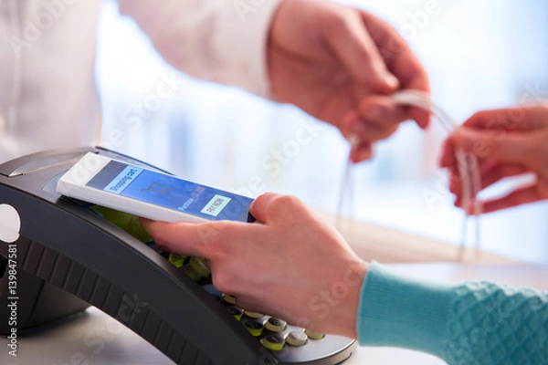 Fototapeta Wireless payment using smartphone and NFC technology. Close up. Customer paying with smart phone in pharmacy. Close Up shopping