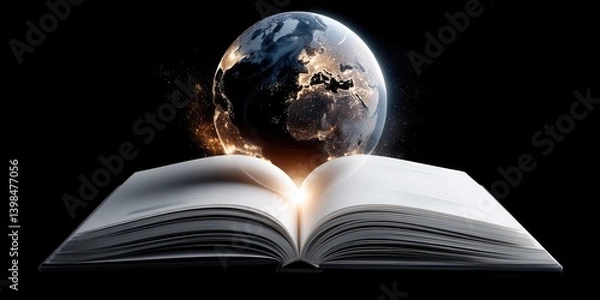 Fototapeta An open book with a floating planet above symbolizing knowledge and cultural diversity in a vibrant world