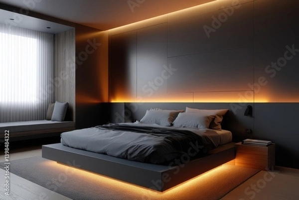 Fototapeta Contemporary dark bedroom featuring a cozy bed and window with warm ambient light creating a relaxing atmosphere