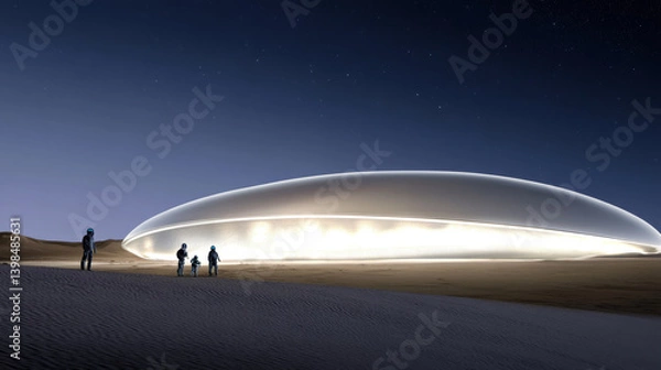 Fototapeta UFO hovering above desert landscape with silhouetted figures beneath, background