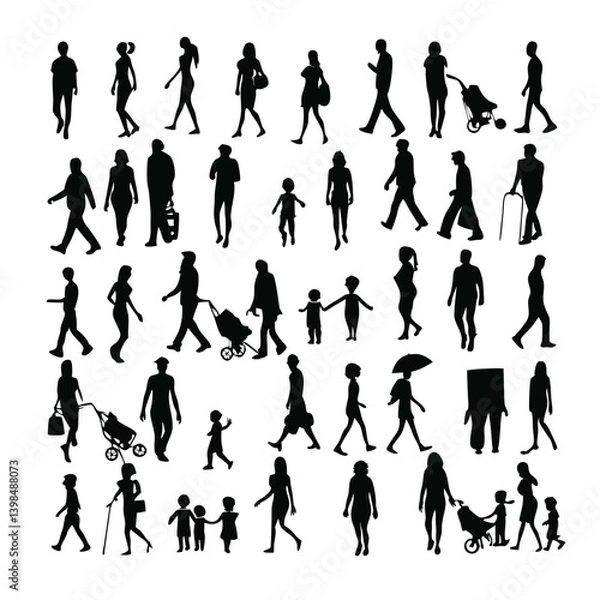 Fototapeta "Silhouettes of People in Various Poses – Walking, Standing, Talking, Urban Crowd, Vector Illustration"