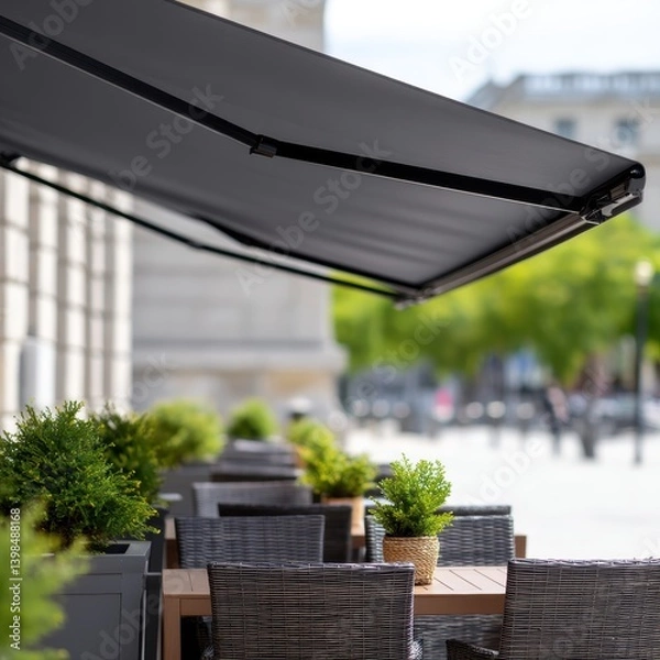 Fototapeta Elegant patio with table and chairs under a sleek retractable awning offering comfortable shade and stylish decor