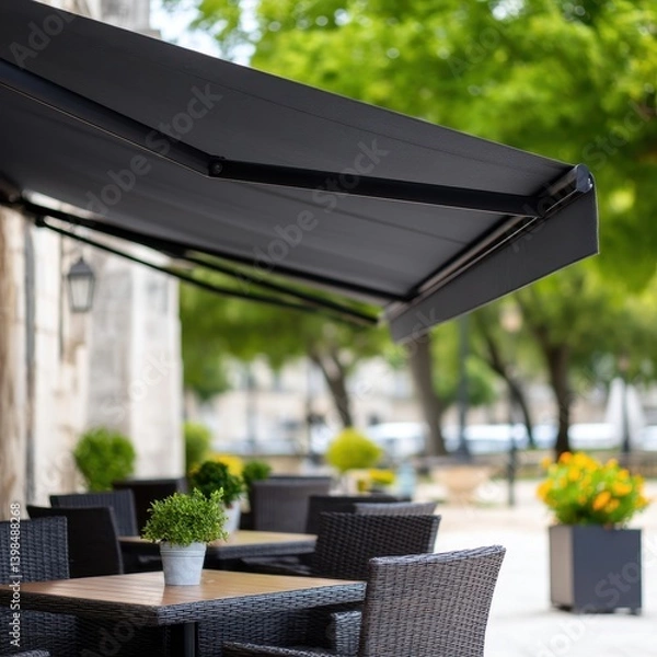 Fototapeta Cozy patio featuring a table and chairs with a sleek retractable awning providing shade for outdoor gatherings