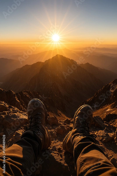Fototapeta Journey to the Roof of North Africa: A Hiker Takes a Breather Facing Jbel Toubkal’s Majesty, Surrounded by Silence, Stones, and Sky
