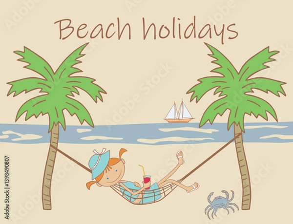 Obraz One little cute cartoon girl relaxing in hammock under palm trees on beach vacation in summer day, vector illustration