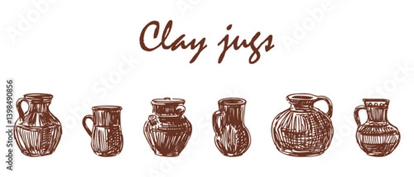 Obraz Clay kitchen utensils set, pottery tableware, jugs, hand drawn vector illustration isolated on white
