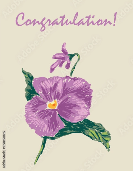 Obraz Greeting card with hand drawn pansy flower, lettering congratulation, vector illustration