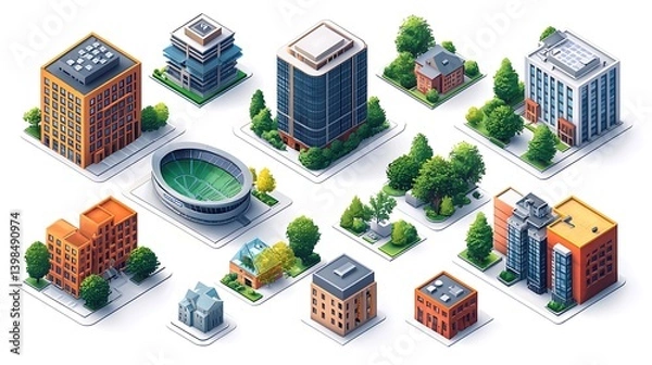 Obraz A professional vector pack of city landmarks including a stadium, museum, shopping mall, and residential buildings, with trees and sidewalks, white background, isometric view, sharp and modern