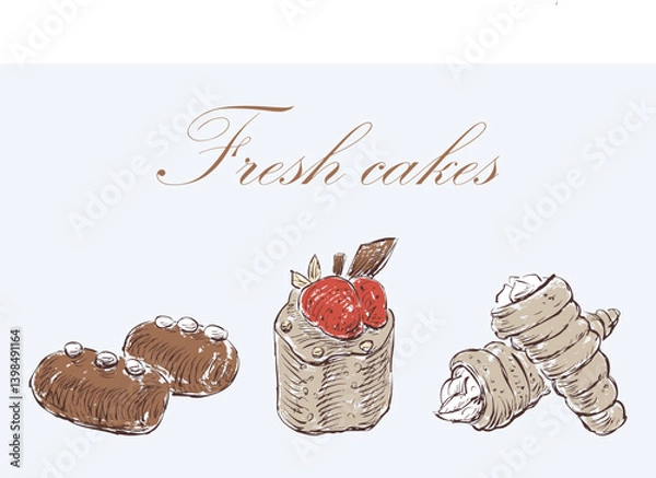 Obraz Three fresh brownies with cream, berries, chocolate, delicious pastries, tasty dessert, sweet cakes, outline hand drawn vector illustration, lettering