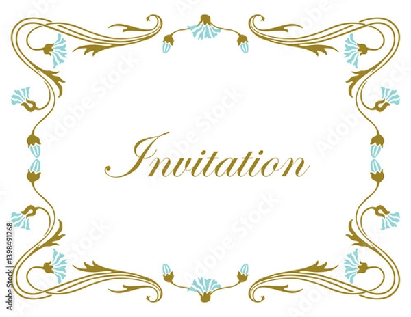 Obraz Floral golden frame in vintage style, decorative blue cornflowers with leaves and tendrils, greeting card decoration, invitation, vector illustration