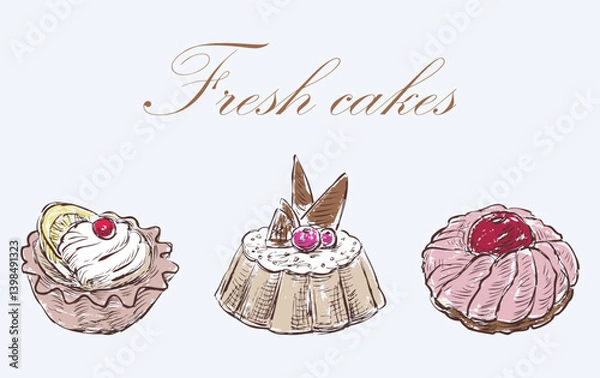Obraz Three fresh cakes with cream, berries, chocolate, delicious pastries, tasty dessert, sweet brownies, outline hand drawn vector illustration, lettering