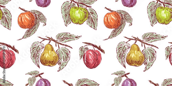 Obraz Seamless pattern ripe fruits on branches sketches, vector background, wallpaper, paper, hand drawn illustration