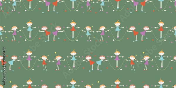Obraz Cartoon cute Little girls jump skipping rope, seamless pattern, vector background, wallpaper, paper