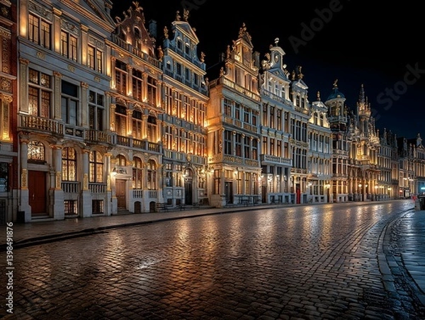 Fototapeta Brussels Grand Place at Night: A mesmerizing night view of the iconic Brussels Grand Place, illuminated by warm lights reflecting on the cobblestone streets, showcasing stunning architecture.