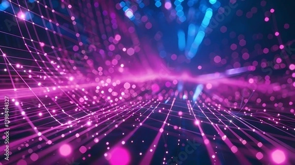 Fototapeta A digital technology metaverse neon blue pink background, cyber information, abstract speed connect communication, innovation future meta tech, Generative AI illustrations.