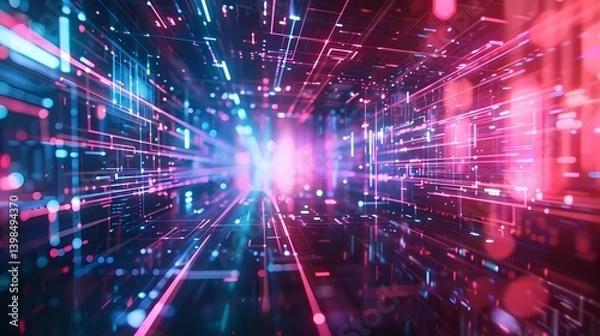 Fototapeta A digital technology metaverse neon blue pink background, cyber information, abstract speed connect communication, innovation future meta tech, Generative AI illustrations.