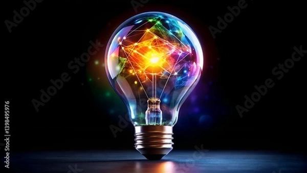 Fototapeta Creative light bulb explodes with colorful paint and splashes on a black background, 
