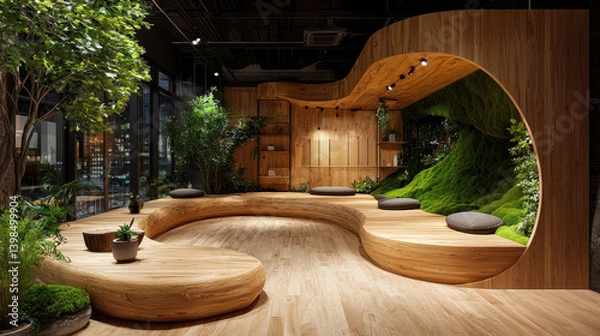Fototapeta Tranquil neuroarchitectural lounge with curving wooden walls and zen features promotes cognitive health
