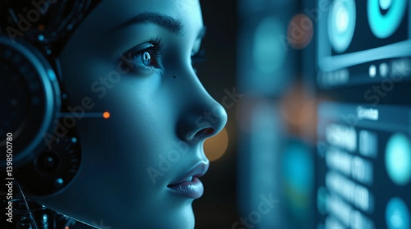 Obraz Artificial intelligence, ai futuristic digital technology, robot or android face close-up, digital smart future world concept