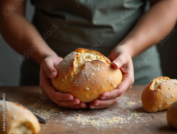 Obraz Baker with freshly baked bread. Bakery background