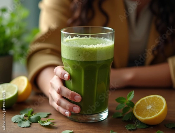 Obraz Woman drink healthy green smoothie made with fresh ingredients. Vegan and nutritious breakfast concept