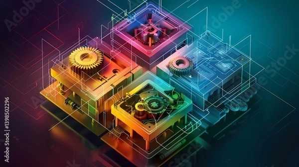 Obraz A quadrant analysis chart in a mechanical style, chart is divided into four distinct quadrants, each with smooth lines and vibrant, contrasting colors, Generative AI illustrations.