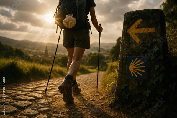 Fototapeta Pilgrim on the Way of St. James: A Spiritual Journey Toward Santiago de Compostela. Walking the Camino: Boots on the Path, Faith in the Heart, and Santiago on the Horizon

