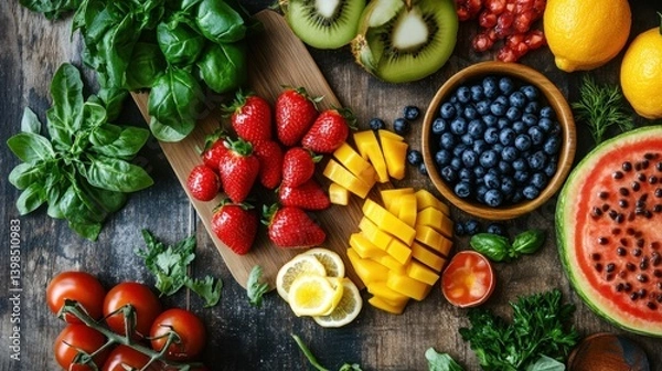 Obraz Assorted fresh fruits and vegetables arranged on a rustic wooden surface. 