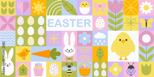 Fototapeta Cute easter modern geometric mosaic seamless pattern. Simple shapes and icons in flat minimalist style. Spring vector ornament for print, banner, card, fabric, cover, wrapping paper, wallpaper