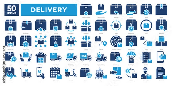 Fototapeta Delivery icons collection set, including logistics, tracking, shipping, courier services, and packaging. Perfect for e-commerce, delivery apps, infographics, and business materials.