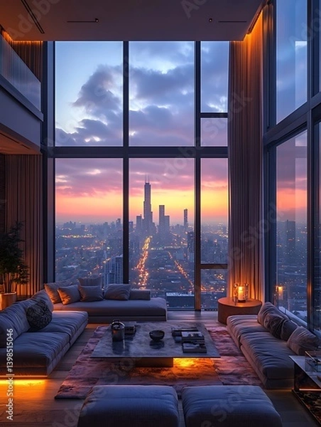 Fototapeta A sleek modern penthouse interior at twilight, floor-to-ceiling windows showcasing a city skyline, minimalist furniture with warm ambient lighting, high-end architectural design.