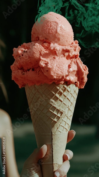 Fototapeta Enticing strawberry ice cream cone held up against a blurry background with wisps of green smoke.