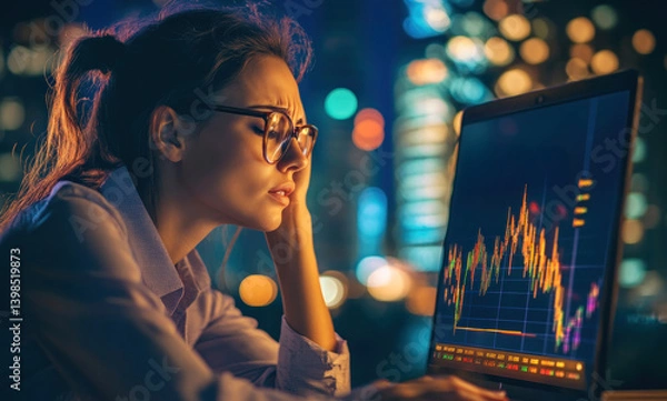 Obraz worried woman looking at a graph on the computer