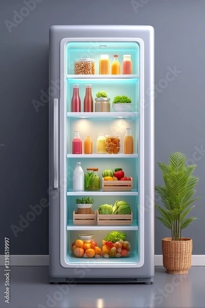 Obraz AI-powered automation in daily life home systems, A bright and organized refrigerator filled with healthy food. Domestic AI solutions, elder care automation