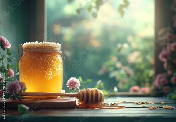 Obraz jar of honey on a table with bees
