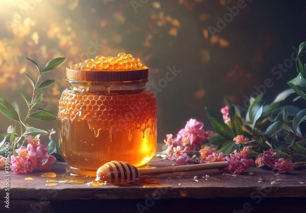 Obraz jar of honey on a table with bees