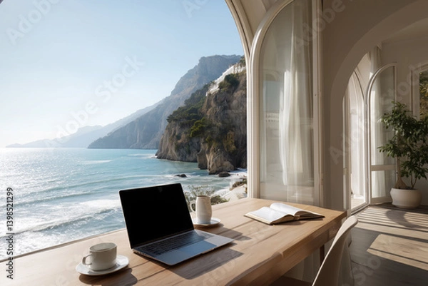 Obraz Laptop is open on a desk overlooking the ocean
