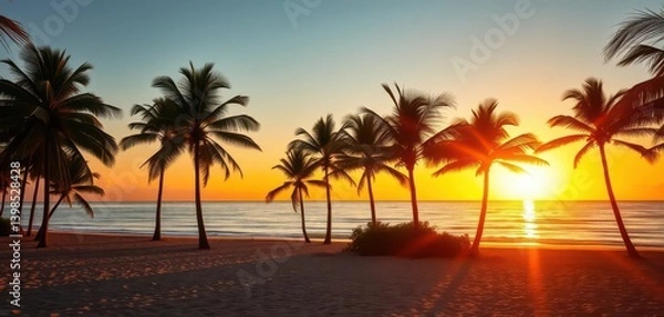Fototapeta Golden sunset illuminates palm trees silhouetted against a tranquil beach, landscape, photography
