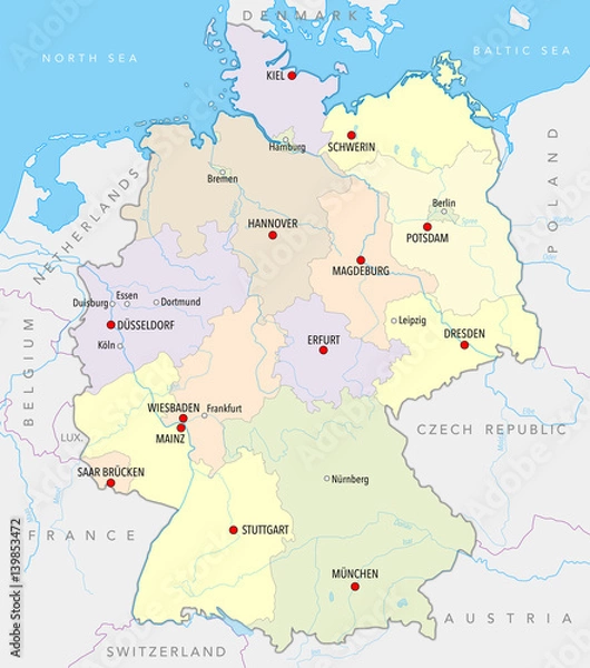 Obraz Map of Germany with main cities, provinces and rivers in pastel colors