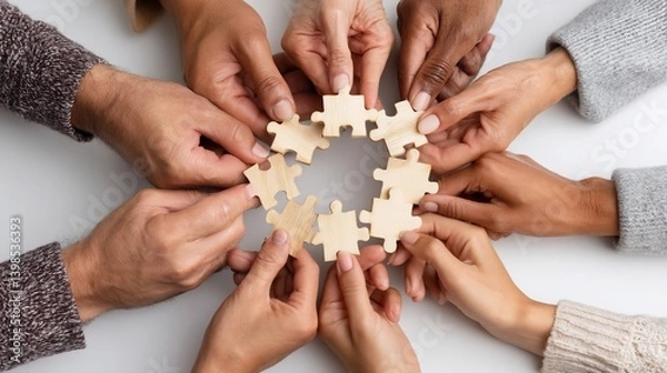 Obraz Diverse hands assemble puzzle pieces