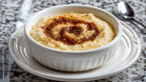 Fototapeta Creamy Greek Rice Pudding with a Cinnamon Swirl in a White Dish on a Marble Tabletop
