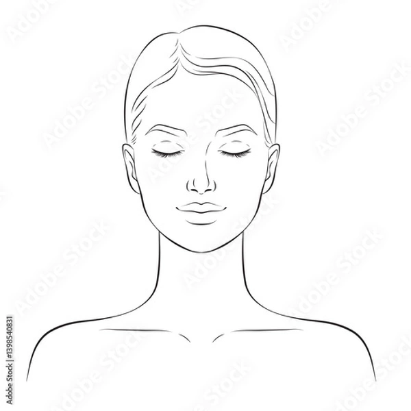 Fototapeta Face of a young beautiful woman with closed eyes. Makeup artist face chart, outline vector illustration