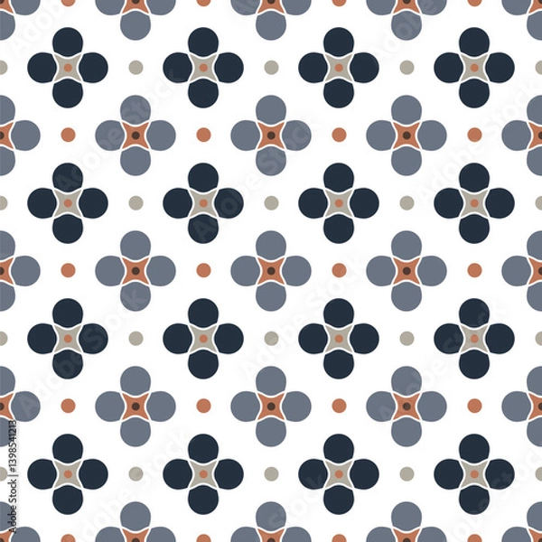 Fototapeta Geometric seamless pattern. Abstract background with blue and orange circles. Ornament with colorful geometric shapes. Repeating texture. Vector illustration. Design for paper, wallpaper, fabric.