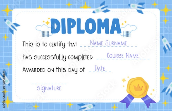 Fototapeta A modern diploma with a grid background, stars, and rockets, blending a tech-inspired and space theme. Stock vector illustration in cartoon style.