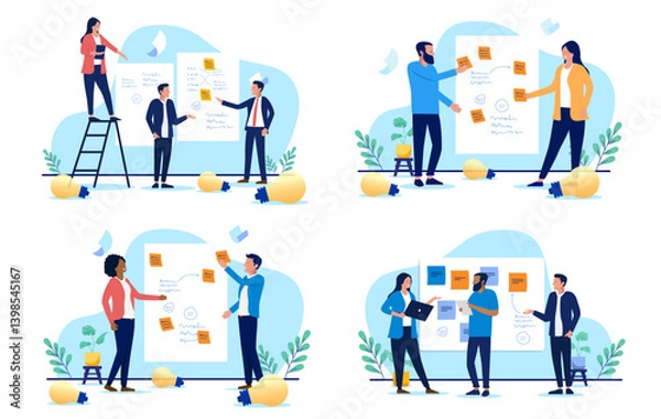 Obraz Workshop illustration collection - Set of business vector graphics with people working with sticky notes coming up with solutions on whiteboard with sketches and notes for project work